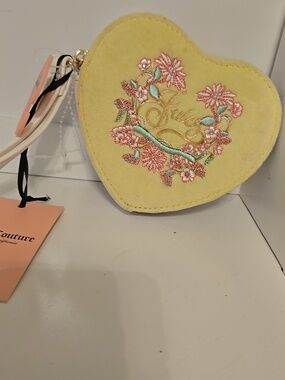 Juicy Couture Yellow Heart Coin Pouch with Floral Embroidery